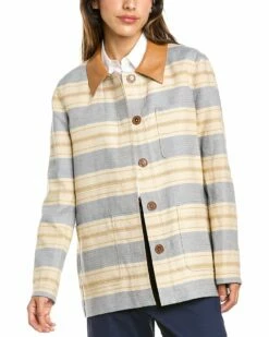 Lafayette 148 New York Amaris Leather-Trim Linen Jacket Women Outerwear